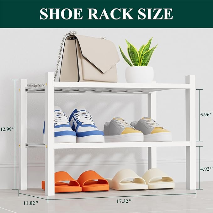 Smiry Shoe Rack, 2 Tier Thick Small Bamboo Shoe Organizer, Stackable Free Standing Wooden Shoe Storage Shelf for Closet, Entryway, Front Door Entrance, White