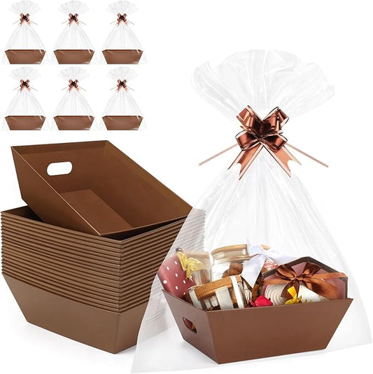 AFOROEOA 20PACK Baskets for Gifts Empty, 12x10x4” Thick Brown Gift Basket with Handles, 20 Bows & 20 Bags - Empty Gift Baskets for Christmas, Thanksgiving, Wedding, Birthday Party, Wrapping Gifts