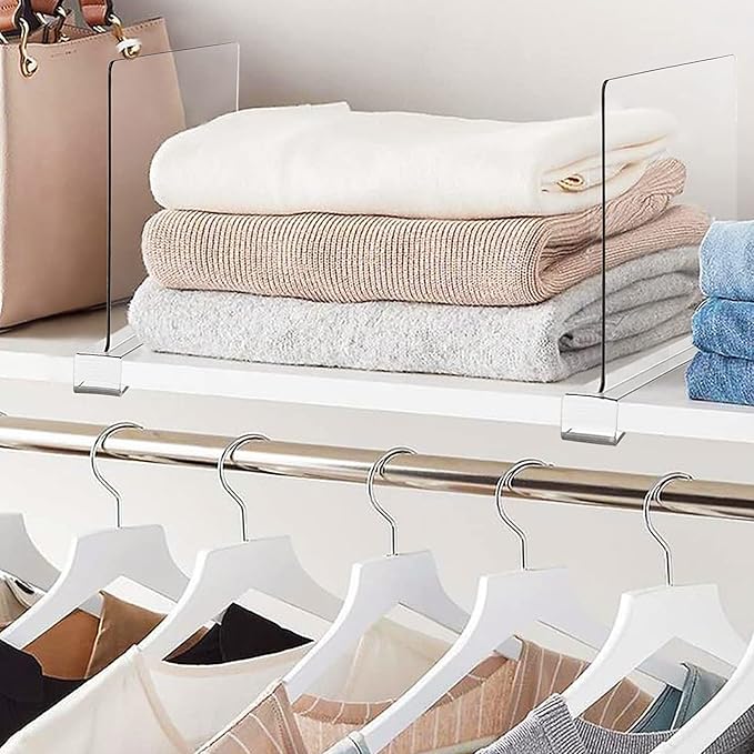 BAUMFEUER 8 Pack Clear Acrylic Shelf Dividers for Closet Shelf Organizer of Bedroom Kitchen Office Bathroom Organizer for Clothes Books Hats and Handbags