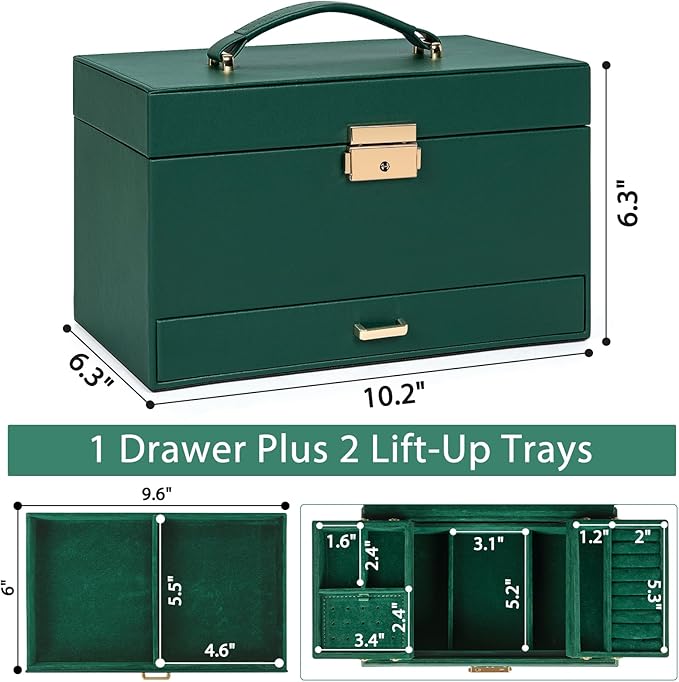 AKOZLIN Travel Jewelry Box Organizer Functional 2-trays Leather Jewelry Storage Case with Lockable Portable Drawer for Women Girls Ring Necklace Earring Bracelet