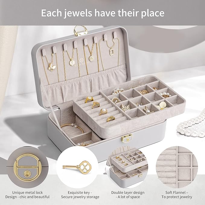 VLANDO Jewelry Boxes for Women,2 Layers Jewelry Box with Lock,Birthday Gifts for Women Girls,Jewelry Organizers for Earrings Necklace,Rings Storage Grey