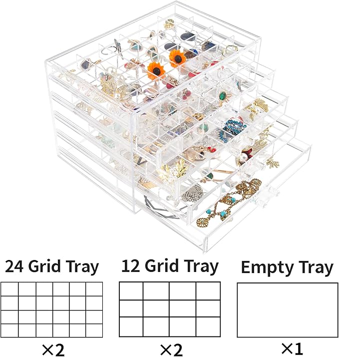 Ptaedex Jewelry Organizer Box, Acrylic Jewelry Holder Clear Jewelry Storage with 5 Drawers for Women Girls Men