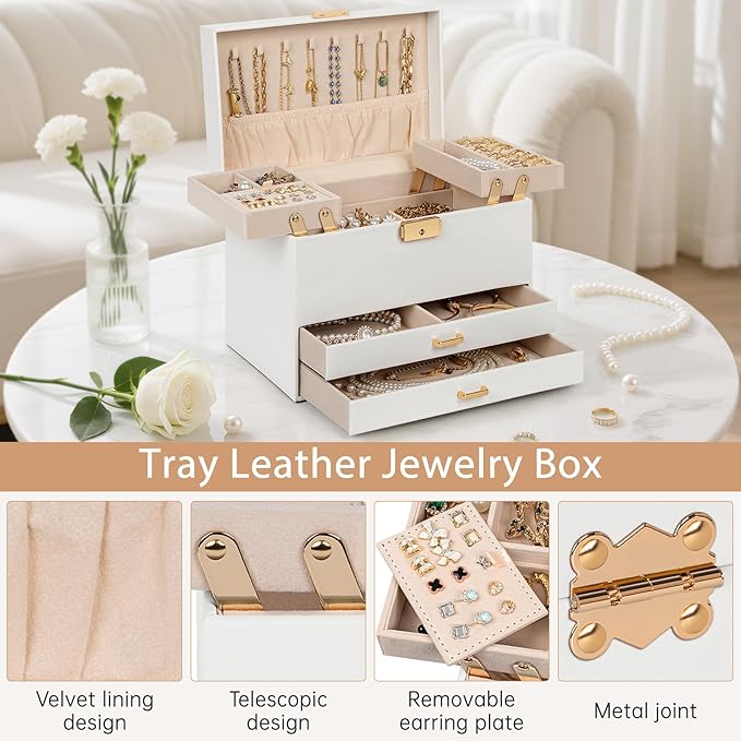 AKOZLIN Travel Jewelry Box Organizer Functional 2-trays Leather Jewelry Storage Case with Lockable Portable 2 Drawers for Women Girls Ring Necklace Earring Bracelet