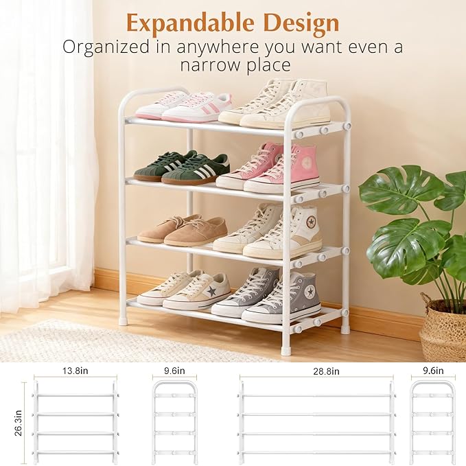 INSMART 4-Tier Expandable Shoe Rack, Stackable and Adjustable Shoes Organizer Storage Shelf, Sturdy and Durable Metal Structure Free Standing Shoe Rack for Closet Entryway Doorway, White