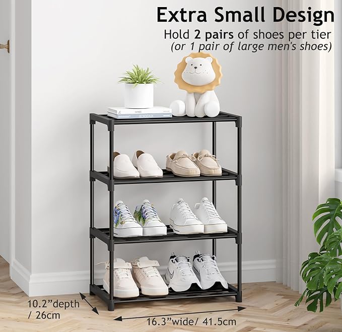 Autonomier 4 Tier Extra Small Shoe Rack (16.3" Wide), Narrow Stackable Shoe Shelf for Kids Toddler Adult, Lightweight Shoe Rack Stand for Closet Dorm Storage Organizer, Front Door Entrance, Entryway