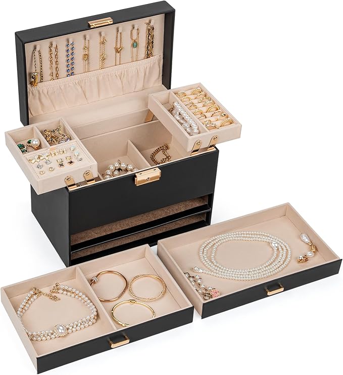 AKOZLIN Travel Jewelry Box Organizer Functional 2-trays Leather Jewelry Storage Case with Lockable Portable 2 Drawers for Women Girls Ring Necklace Earring Bracelet