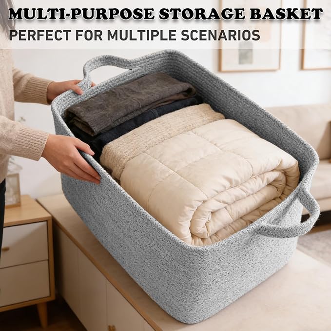Large Blanket Basket,Woven Rope Basket Storage Bin with Handles,65L Rectangle Laundry Basket for Magazines,Toys,Clothes,Newspaper Shelf Organization,Nursery and Living Room,Grey