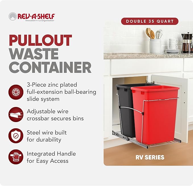 Rev-A-Shelf RV-18KD-1618C-S Double Pullout Trash Can for Kitchen Cabinets 35 Qt Garbage Recycling Bin on Full Extension Slides, Red/Black