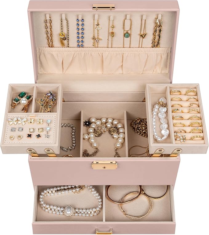 AKOZLIN Travel Jewelry Box Organizer Functional 2-trays Leather Jewelry Storage Case with Lockable Portable Drawer for Women Girls Ring Necklace Earring Bracelet
