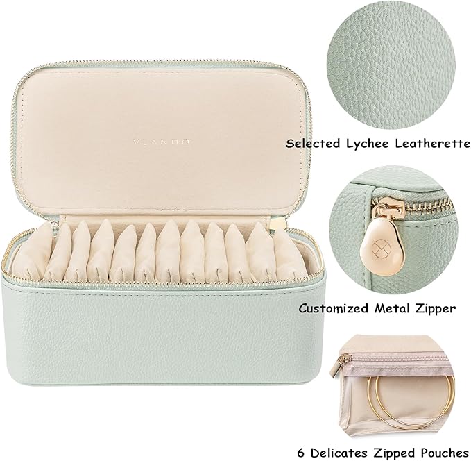 VLANDO Travel Jewelry Box Organizer – Portable PU Leather Jewelry Case with 6/8/12 Zippered Pouches, Compact Storage for Earrings Rings Necklaces Bracelets, Menthol Mambo