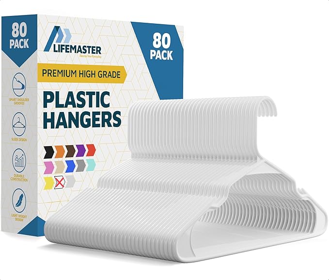 Lifemaster Plastic Clothes Hanger Set - 80 Pieces Versatile, Lightweight, Space-Saving, Non-Slip, Slim Designed, Dry and Wet Clothes Hanger Set - White