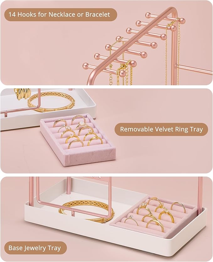 ProCase Jewelry Stand Holder Organizer, Jewelry Display Storage with Ring Tray, Rotating Earring Bracelet Necklace Holder, Valentine's Gifts Room Dorm Decor for Teen Girls -Rosegold (No-Assembly)