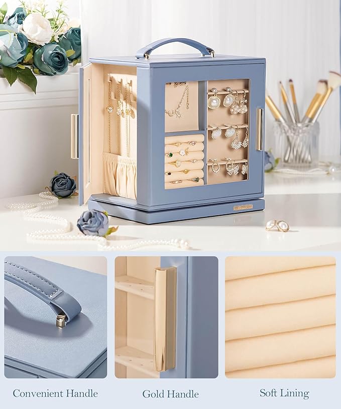 Homde Mothers Day Gifts Jewelry Box 360° Rotating, Necklace Earring Organizer with Transparent Window, Mirror, 7 Drawers, Large Ring Display Storage Case for Girls Women (Grey Blue)