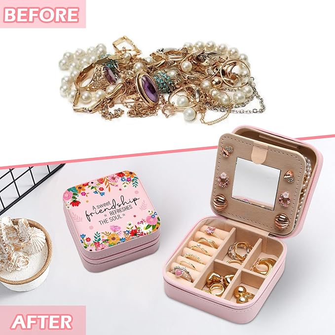 GAOLZIUY Friendship Gifts for Women, Friendship Travel Jewelry Box with Flowers, Portable Jewelry Organizer Case for Women Girls, Bestie Birthday Gifts for Soul Sister Best Friend BFF