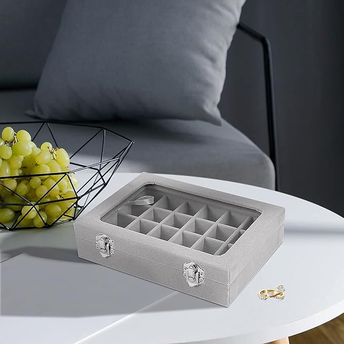 Jewelry Box 24 Grid Velvet Jewelry Tray for Drawers Glass Clear Lid Showcase Display Storage Ring Trays Holder Earrings Organizer Case(Grey)