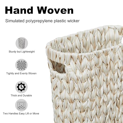 Coeusy Wicker Trash Can,Bathroom Trash Can,Waterproof Wicker Waste Basket for Bathroom,Narrow Small Waste Basket for Bedroom,Office, Cream White 5 Gallon