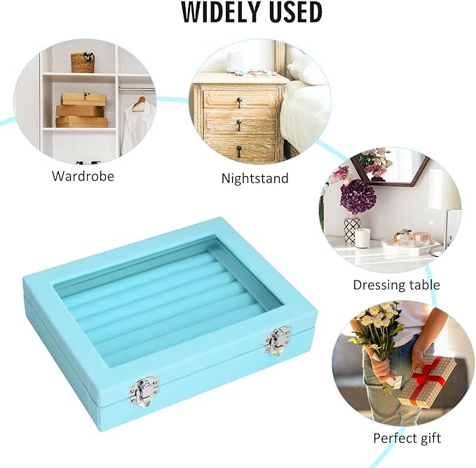 Vicoter Rings Organizer Tray 7 Slots Velvet Jewelry Earring Storage Box with Transparent lid Jewelry Display Case for Girls Wife Mom Women (Light Blue)