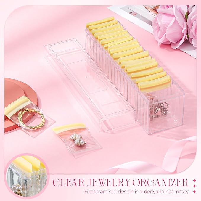 Kenning 21 Pcs Acrylic Jewelry Case Organizer, Clear Jewelry Organizers Holder with Portable Anti Tarnish Storage Bags for Rings, Earrings, Necklaces, Ideal Gifts for Women (Yellow)