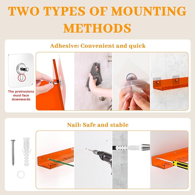 4 Pack Floating Shelves –15'' Orange Acrylic/PET Wall-Mounted No Drill Storage with Adhesive, Bathroom & Bedroom Shelving for Kitchen, Living Room, Home Decor