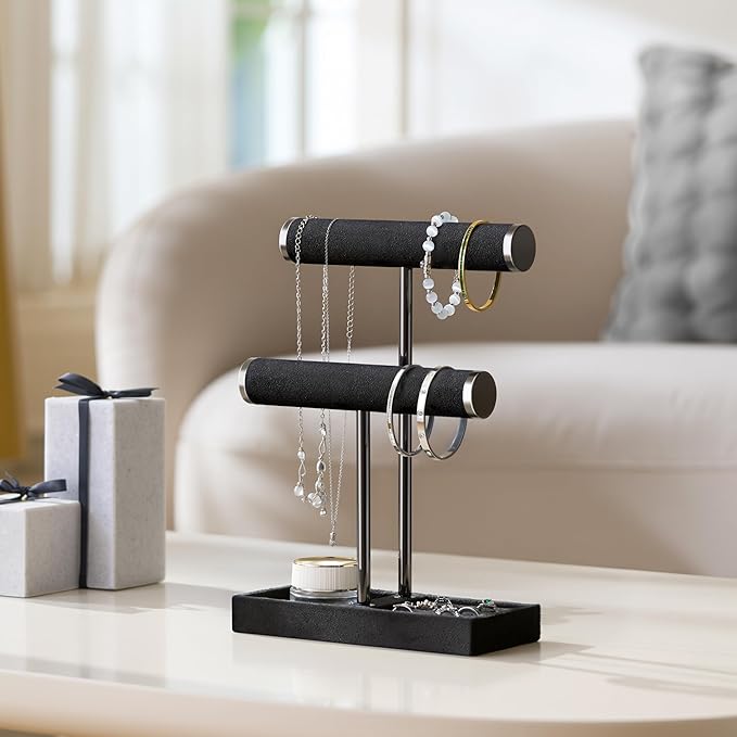 bussdis 2 Tier Bracelet Holder Display - Detachable T Bar Black Velvet Bracelet Holder, Jewelry Holder Organizer for Bracelet, Necklace, Earrings, Rings