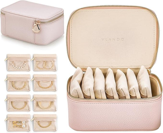 VLANDO Travel Jewelry Box Organizer – Portable PU Leather Jewelry Case with 6/8/12 Zippered Pouches, Compact Storage for Earrings Rings Necklaces Bracelets, Rosy Mauve