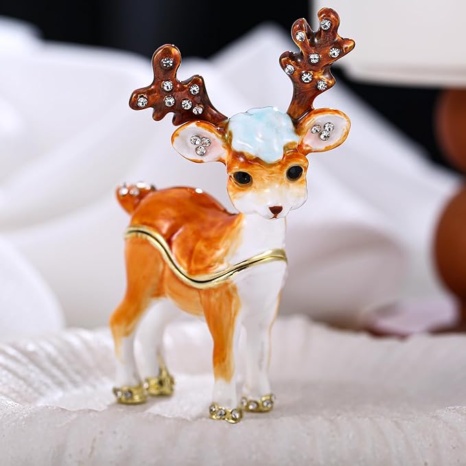Hand Painted Animal Trinket Box for Home Decor, Hinged Jewelry Organizer Storage, Unique Personalized Collectible Keepsake Figurine Handmade Decorative Ornament Gifts (Sika Deer)