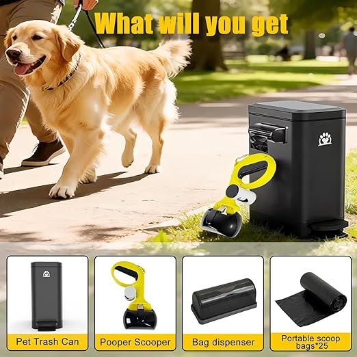 Dog Poop Trash Can Outside,3Gal Metal Outdoor Trash Can,Outdoor Dog Poop Trash Can with Lid for Odor Control,Waterproof Dog Waste Trash Can - Includes Poop Scooper for Dogs & Bin Bag Holder (Black)