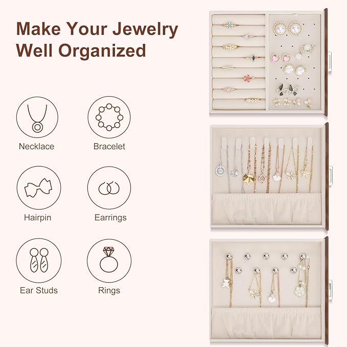 DesignSter Jewelry Box Organizer, Jewelry Box for Women, PU Jewelry Organizer Display Case with Side Drawers, Jewelry Storage for Earring Necklace Ring Bracelet Watch