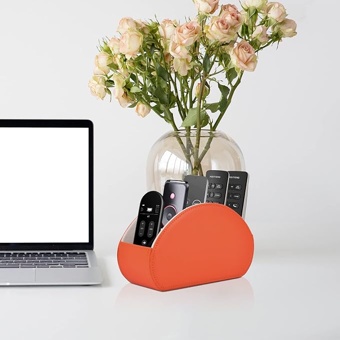 Remote Control Holder,TV Remote Caddy/Box with 5 Compartments,Bedside Table Organizer for Controller,Glasses,makeup brushes,jewelry and Media Player,Pen/Pencil Storage(Orange)