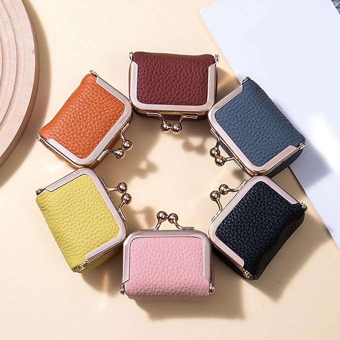 Genuine Leather Mini Jewelry Box, Portable Vintage-Inspired Genuine Leather Coin Purse Jewelry Case with Kiss Lock, Mini Travel Ring Box for Women for Earring/Ring/Necklace/Bracelet(Orange)