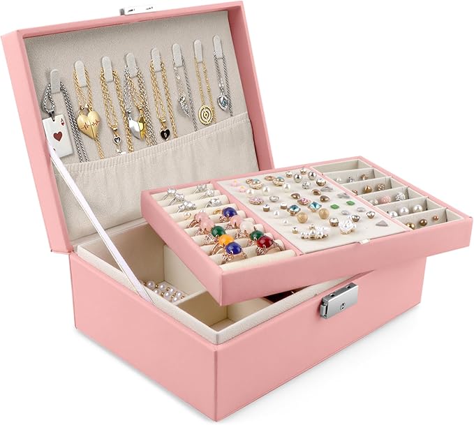 Homeanda Jewelry box 2 layer Jewelry box Leather Jewelry boxes for Women Girls Teens Jewelry organizer box Jewelry Storage box with lock(Pink)
