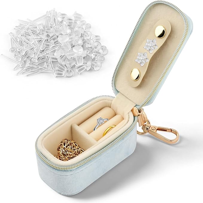 Velvet Mini Travel Jewelry Case, 2 in 1 Ring Holder Keychain + 50 Plastic Earrings, Portable Small Jewelry Organizer for Women, Travel/Gym/Wedding/Bridesmaid Gift
