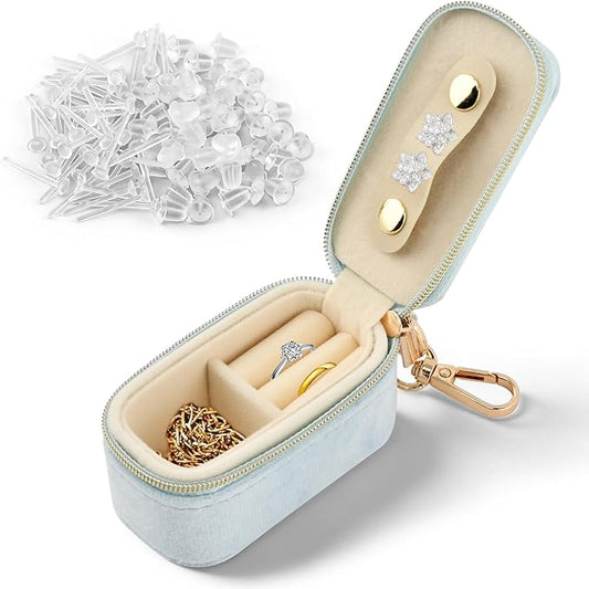 Velvet Mini Travel Jewelry Case, 2 in 1 Ring Holder Keychain + 50 Plastic Earrings, Portable Small Jewelry Organizer for Women, Travel/Gym/Wedding/Bridesmaid Gift