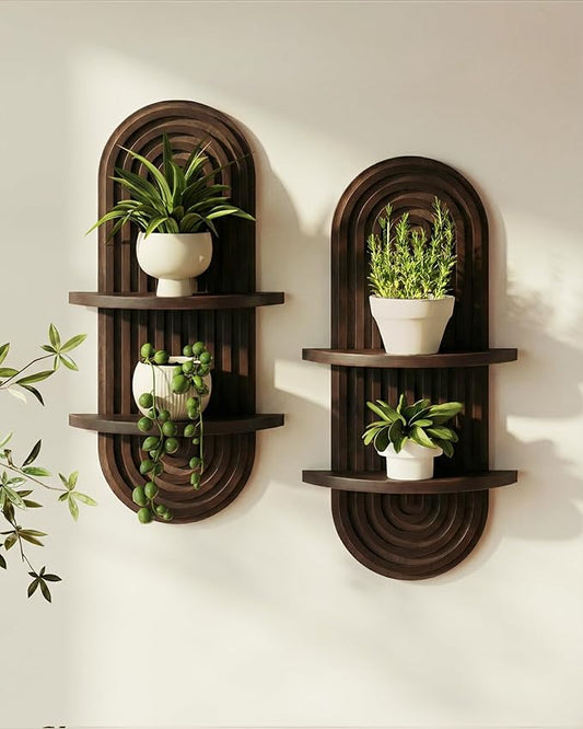 Bamworld Boho Wall Decor 2pcs Plant Wall Shelf, Mid Century Modern Decor Hanging Plant Shelf, 2-Tier Wooden Floating Shelves for Home, Bathroom Bedroom Living Room, Office Planter Decoration Walnut