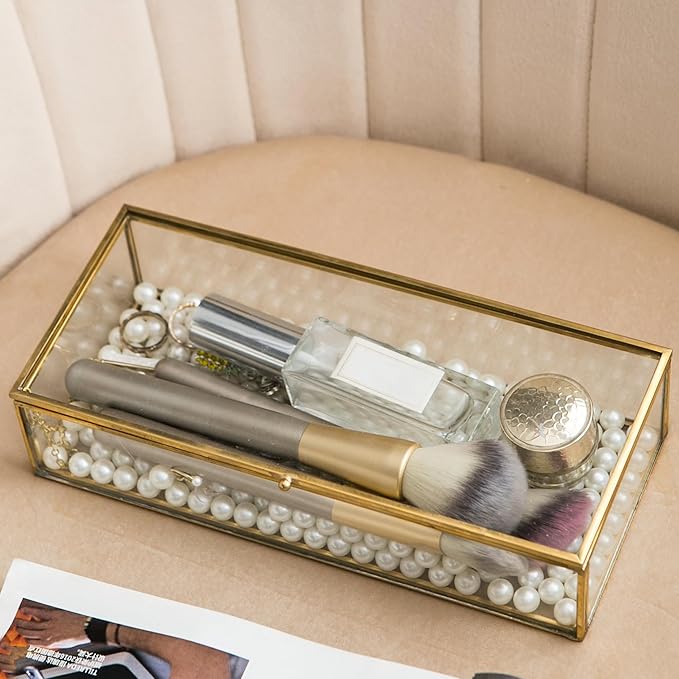 Glass Jewelry Box, Vintage Rectangle Gold Keepsake Box Organizer Box Vanity Lidded Box Home Decor Accent Decorative Box for Storage Trinket Rings Bracelet
