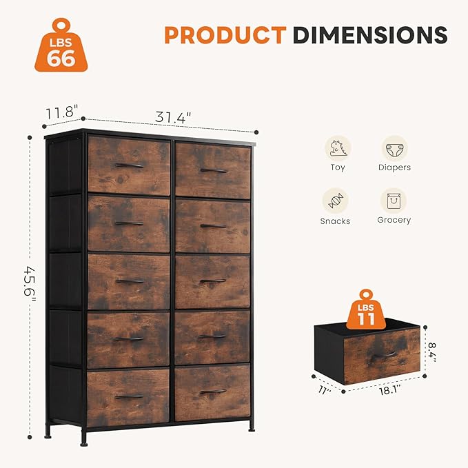 Sweetcrispy 10 Drawer Fabric Dresser Storage Tower with Bins, Tall Chest Organizer for Bedroom Closet Hallway, Steel Frame Wood Top Easy Pull Handles,Black-Brown