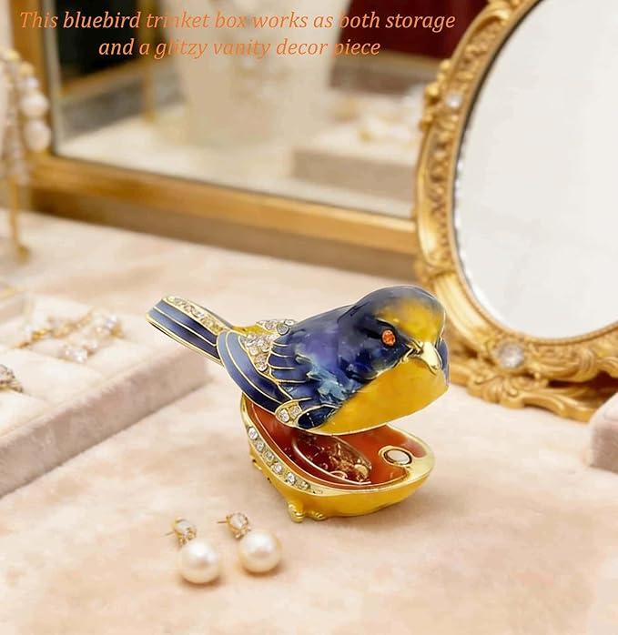 Starling Bird Trinket Boxes Hinged with Crystals Enameled Jewelry Box.Bird Lover Gifts for Women.Necklace Ring Box Earrings Storage.Collectible Bird Figurines Home Decor -Blue Yellow.