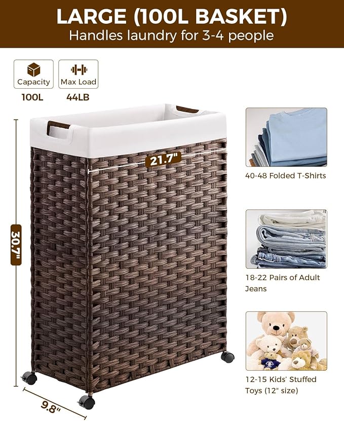 Greenstell Laundry Hamper with Wheels & Handles, 26.4 Gallon (100L) Slim Laundry Basket with 2 Removable Liner Bags & 2 Mesh Bags, Foldable Narrow Clothes Hamper for Bedroom, Bathroom, Closet, Brown
