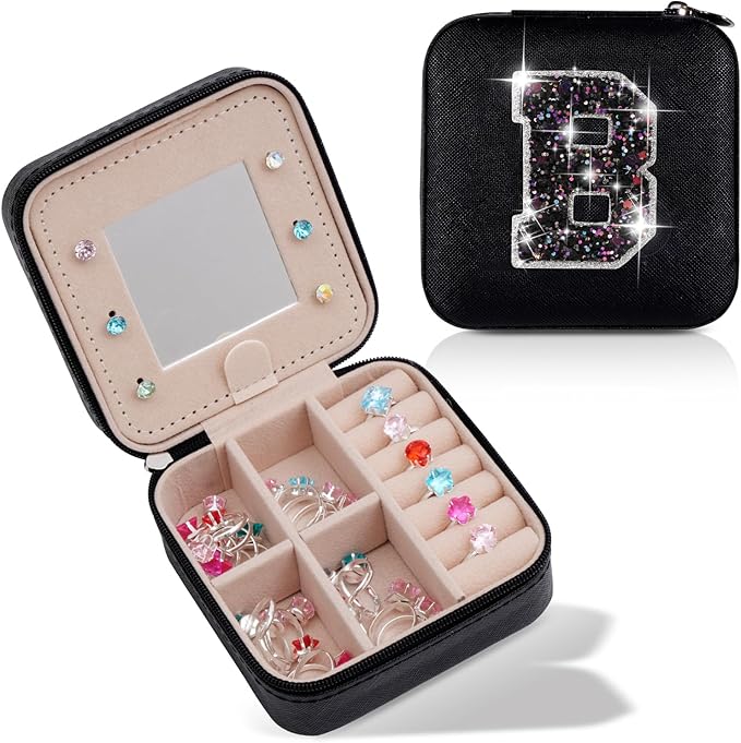 Uygafly Initials Travel Jewelry Case - Bridesmaid Gifts Wedding Day,Bridesmaid Proposal Gift,Bridal Shower Gifts,Maid of Honor Gifts,Bachelorette Party Decorations Favors | Black,B