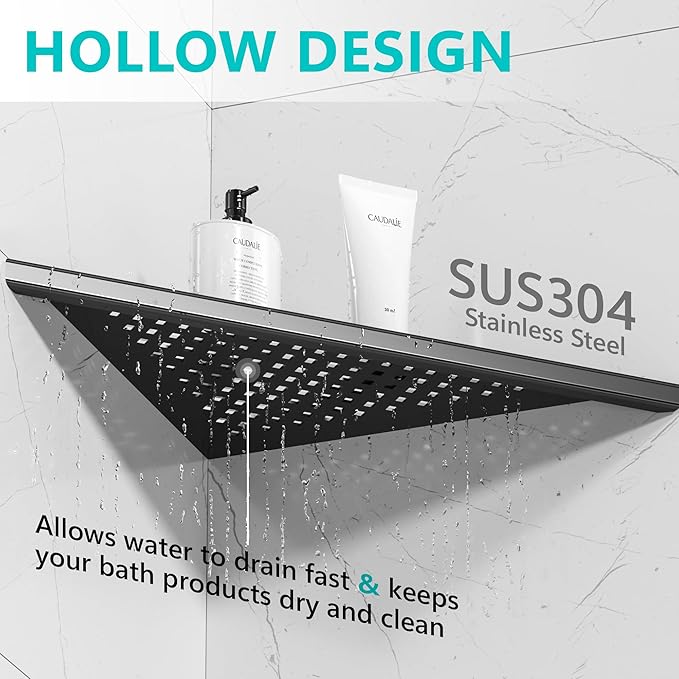 Qeke Bathroom Corner Shelf, Recessed 10" Shower Shelf Caddy, SUS304 Stainless Steel Shelf Wall Mount Triangular, No Drilling, Matte Black