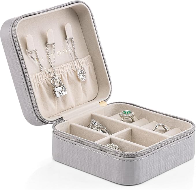Vlando Small Travel Jewelry Box Organizer Display Case for Girls Women Gift Rings Earrings Necklaces Storage, Light Grey