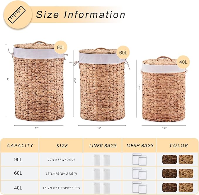 Round Water Hyacinth Laundry Hamper with Lid Handwoven Wicker Basket with Handles for Dirty Clothes, Storage, and Organization, No Assembly Required, 40L