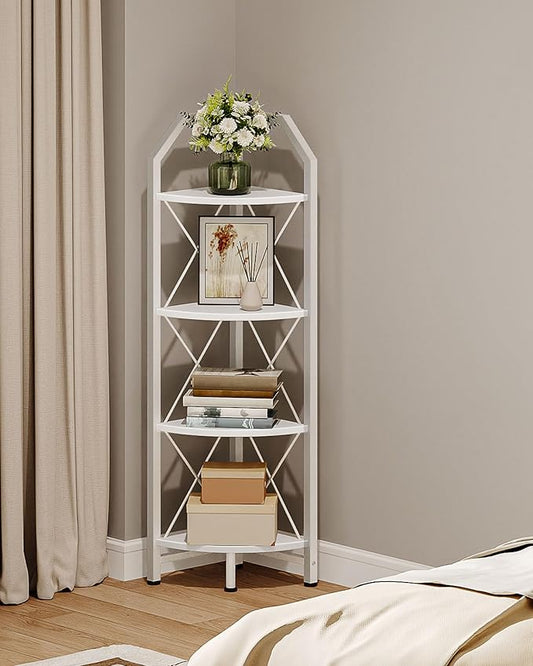 CHOEZON 4-Tier Corner Shelf, Industrial Corner Bookshelf, 47.6" Corner Storage Stand, Plant Stand Display Shelf, Corner Bookcase for Bedroom, Living Room, Home Office, White TCJ09WB