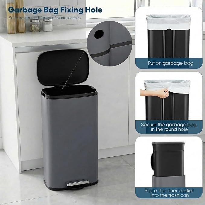 8 Gal Kitchen Trash Can, 30L Recycling or Garbage Bin, Brushed Stainless Steel Waste Basket, Soft&Quiet Close Dustbin, with Step-On Pedal, Removable Inner Bucket, for Home, Office, Living Room