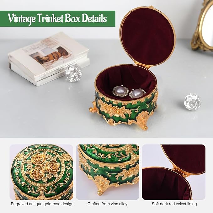 Vintage Jewelry Box, Gold Round Treasure Ring Box, Metal Trinket Organizer Keepsake Box Gift for Girl Women, Green
