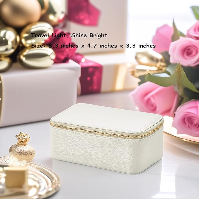VLANDO Travel Jewelry Box Organizer – Portable PU Leather Jewelry Case with 6/8/12 Zippered Pouches, Compact Storage for Earrings Rings Necklaces Bracelets, Offwhite