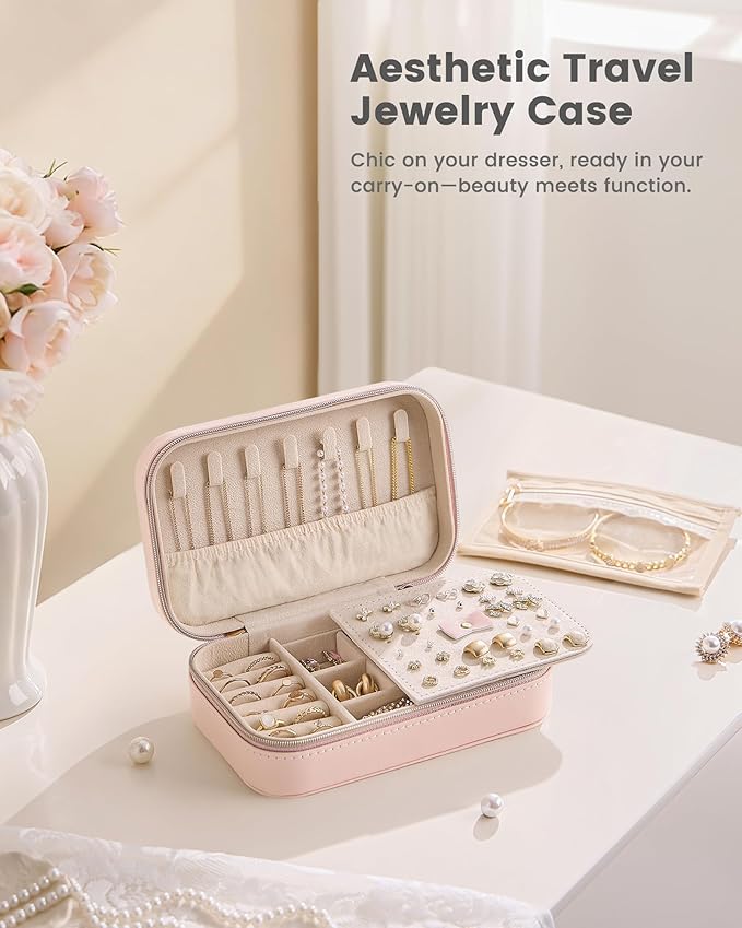 Lolalet Travel Jewelry Case for Women Girls, PU Leather Jewelry Organizer with Clear Storage Bag Small Portable Jewelry Box for Necklace Bracelet Earring Ring Mothers Day Birthday Gifts -Medium/Pink