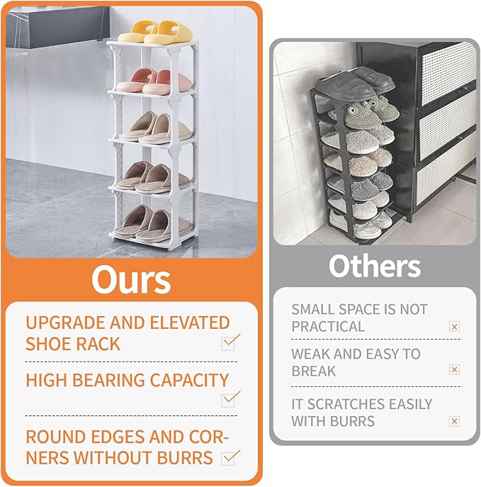 5 Tiers Shoe Rack Organizer for Closet Shoe Holder Storage Narrow Plastic Vertical, Free Standing Shoe Rack Shelf for Entryway Stackable Stability DIY, Grey