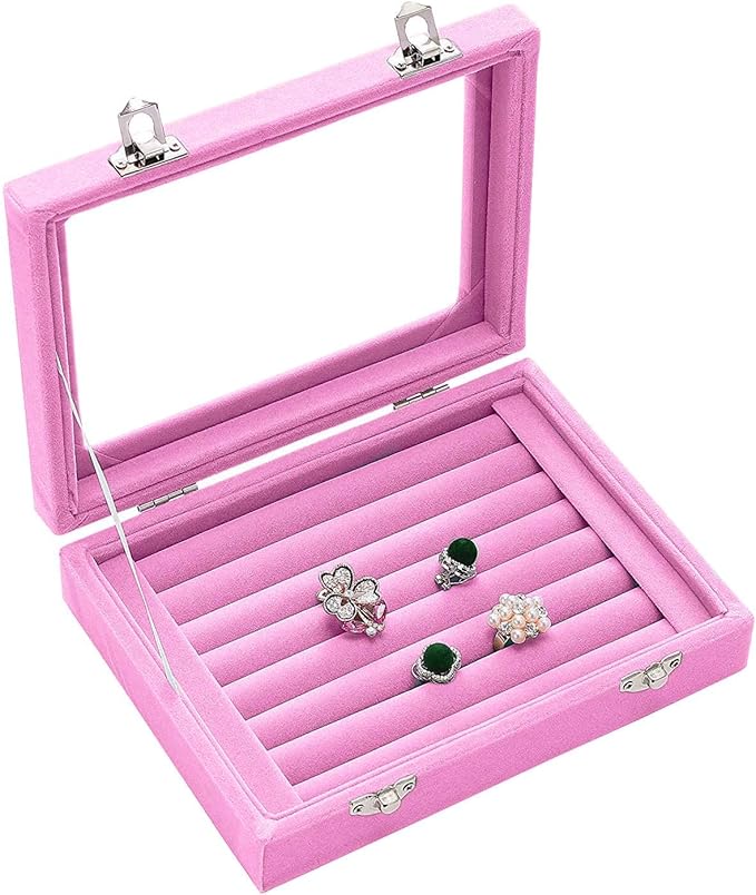Jewelry Box Rings Organizer Tray 7 Slots Velvet Earring Storage Box With Transparent Lid Jewelry Display Case for Women (Light Pink)