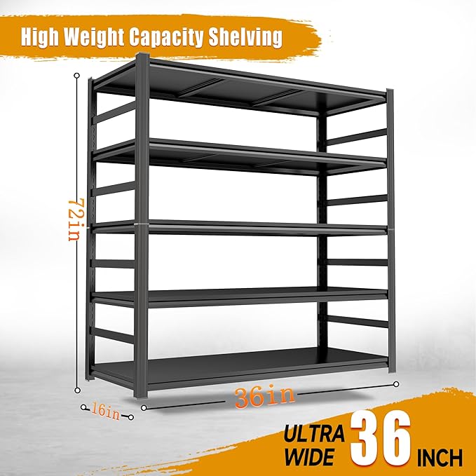 Garage Shelving,5 Tier Heavy Duty Shelving,72" H Metal Shelving Unit and Storage,3000lbs Capacity Steel Shelving,Industrial Shelves for Garage/Warehouse/Basement Black Adjustable Shelves
